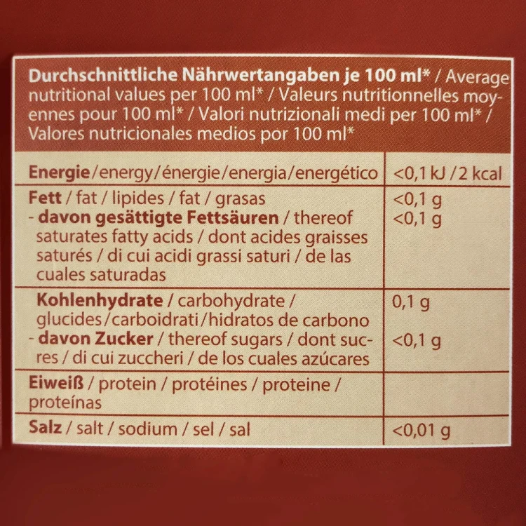 Wartości odżywcze herbatki CREANO Organic Rooibos Mango BIO – informacje żywieniowe dla przygotowanego naparu.