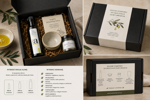 Zestaw startowy do degustacji oliwy premium w czarnym pudełku prezentowym z oliwą Deortegas BIO, miseczką Sandy, solą w płatkach i kartą degustacyjną.