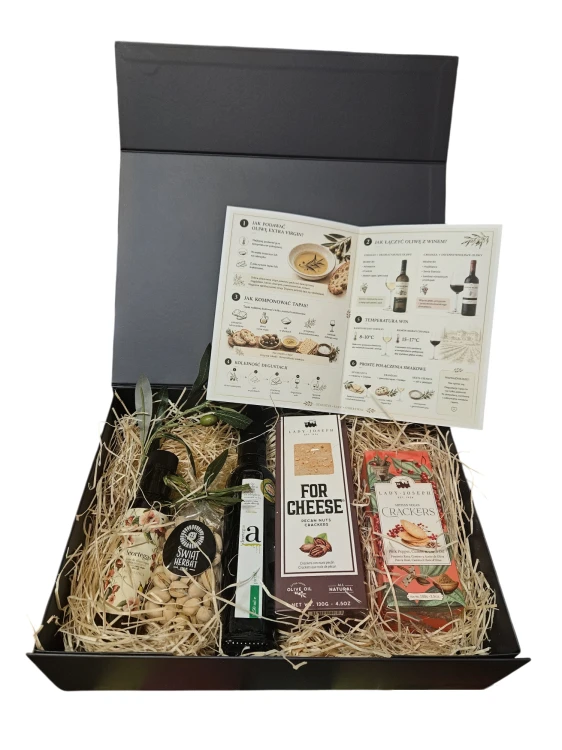 Realne zdjęcie zawartości zestawu tapas premium — ekologiczne oliwy Deortegas BIO, hiszpańskie przekąski gourmet i eleganckie opakowanie prezentowe gotowe na wyjątkowy wieczór degustacyjny