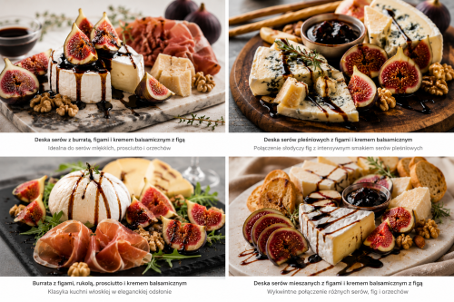 Kolaż dań gourmet z kremem balsamicznym premium – burrata, prosciutto, risotto z truflą i deser panna cotta