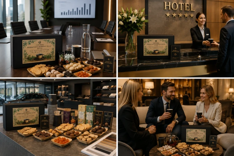Premium catering kawowy i herbaciany dla firm, hoteli i showroomów — elegancki zestaw coffee break z kawą drip, herbatą premium, przekąskami Lady Joseph, truflami, czekoladą i dodatkami w luksusowej aranżacji biznesowej.