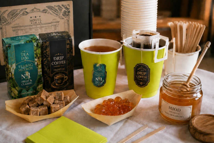 Premium catering kawowo-herbaciany — kawa drip, herbata, limonkowe kubki, miód i dodatki do biura, hotelu i konferencji