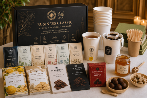 Business CLASSIC – premium zestaw coffee break dla firm z herbatą, kawą specialty DRIP BAG, tapas i słodyczami premium