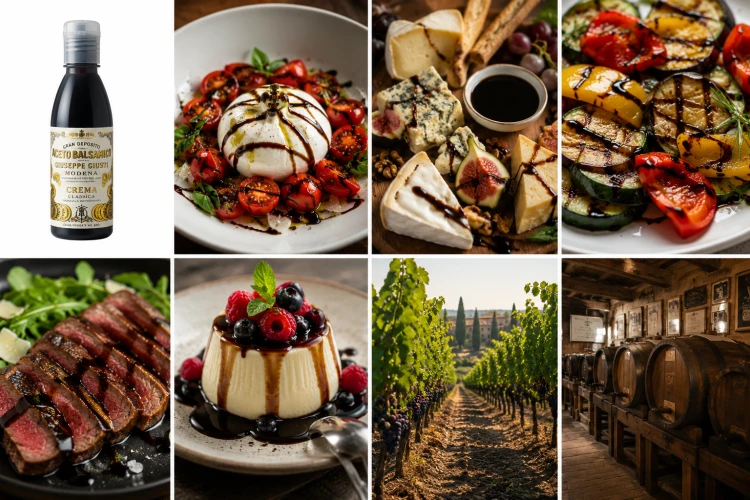 Krem balsamiczny Acetaia Giusti Crema Classica 150 ml oraz inspiracje kulinarne – burrata, deska serów, grillowane warzywa, stek, deser panna cotta, włoska winnica i tradycyjne dojrzewanie octu balsamicznego z Modeny IGP.