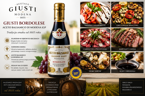 Giusti Bordolese 250 ml – włoski ocet balsamiczny z Modeny IGP, zastosowanie do sałatek, grillowanych warzyw, carpaccio, mięs, desek serów i sosów.