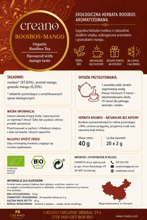 Polska etykieta Creano Organic Rooibos Mango – BIO Rooibos z Mango | 20 Saszetek