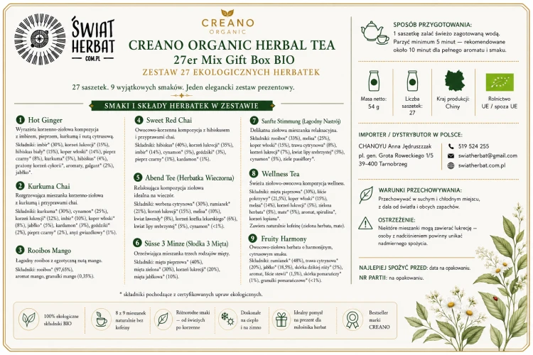Polska etykieta reano Organic Herbal Tea — 27er Mix Gift Box BIO – Zestaw 27 Ekologicznych Herbatek