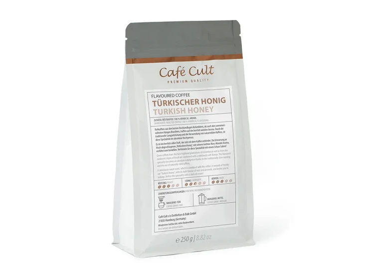 Cafe Cult Turkish Delight – aromatyzowana kawa ziarnista 250 g o słodkim, orientalnym profilu smakowym z nutami miodu, migdałów i orzechów.