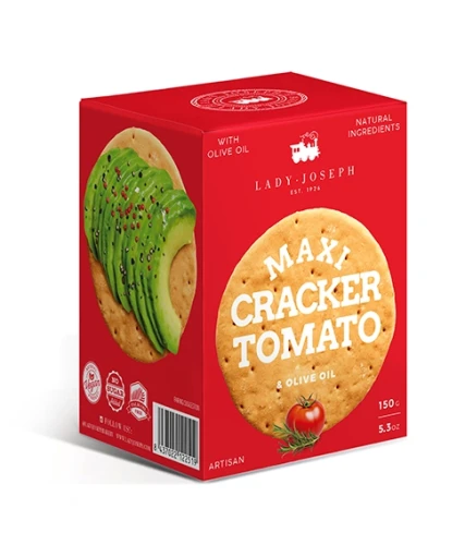 Maxi Cracker Lady Joseph z pomidorem, rozmarynem i oliwą z oliwek 150 g – duże hiszpańskie krakersy premium do tapas, serów i przekąsek gourmet.
