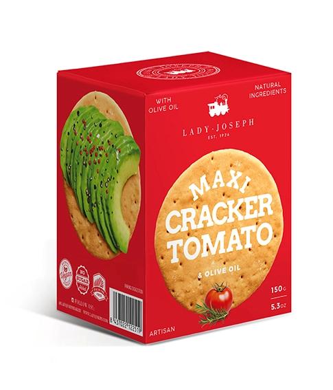 Maxi Cracker Lady Joseph z pomidorem, rozmarynem i oliwą z oliwek 150 g – duże hiszpańskie krakersy premium do tapas, serów i przekąsek gourmet.