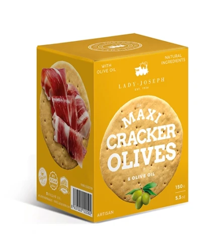 Maxi Cracker Lady Joseph z zielonymi oliwkami i oliwą z oliwek 150 g – hiszpańskie krakersy premium do tapas, serów i śródziemnomorskich przekąsek.