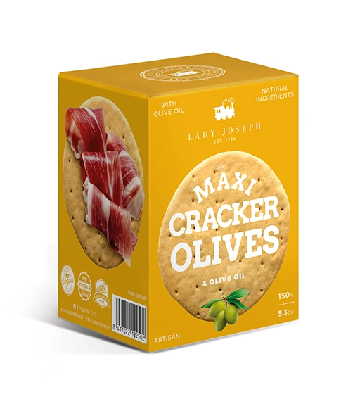 Maxi Cracker Lady Joseph z zielonymi oliwkami i oliwą z oliwek 150 g – hiszpańskie krakersy premium do tapas, serów i śródziemnomorskich przekąsek.