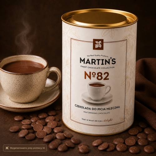 Czekolada do picia mleczna Martin’s No.82 w eleganckiej tubie 200 g, podana z filiżanką gorącej czekolady i kaletkami czekolady mlecznej.