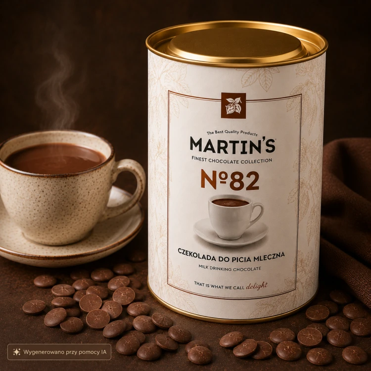 Czekolada do picia mleczna Martin’s No.82 w eleganckiej tubie 200 g, podana z filiżanką gorącej czekolady i kaletkami czekolady mlecznej.