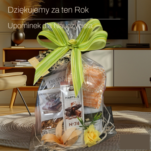 Elegancki zestaw prezentowy dla nauczyciela z dwiema herbatkami premium, batonem rzemieślniczym, piramidką herbacianą i dedykacją „Dziękuję”.