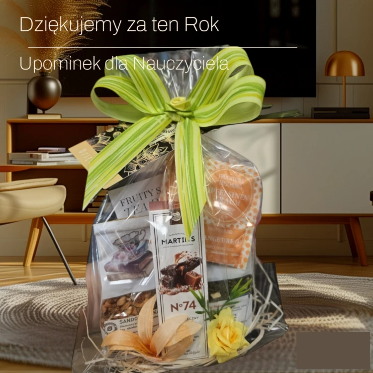 Elegancki zestaw prezentowy dla nauczyciela z dwiema herbatkami premium, batonem rzemieślniczym, piramidką herbacianą i dedykacją „Dziękuję”.