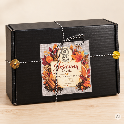 Tajemniczy Box Herbaciany Classic w czarnym pudełku z jesienną etykietą