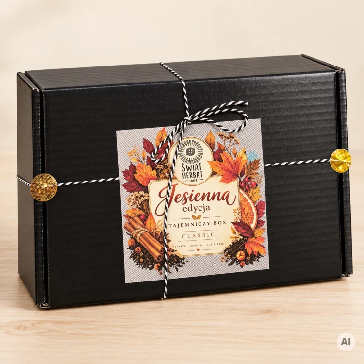 Tajemniczy Box Herbaciany Classic w czarnym pudełku z jesienną etykietą