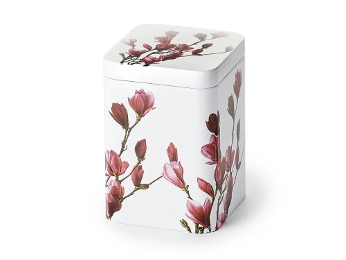 Metalowa puszka na herbatę Mayumi Cha Cult 100 g z różowymi magnoliami na białym tle