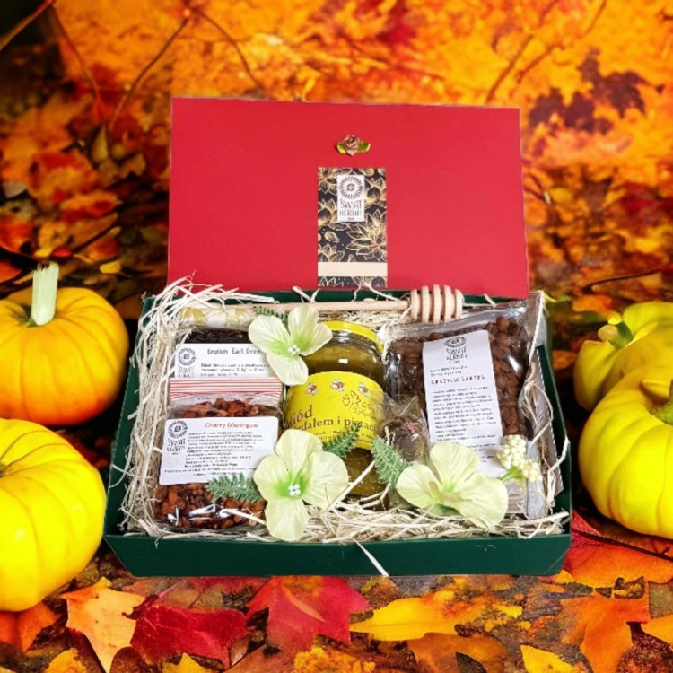 Zestaw miód + kawa + herbaty w pudełku