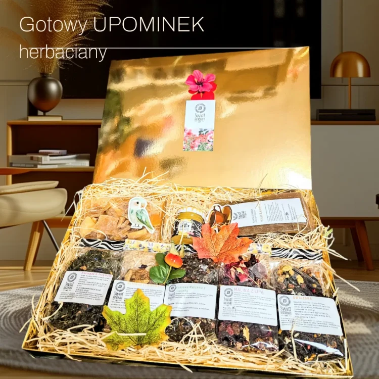 Zestaw 5 herbat, słodycze, miód i kawa - w złotym kartoniku