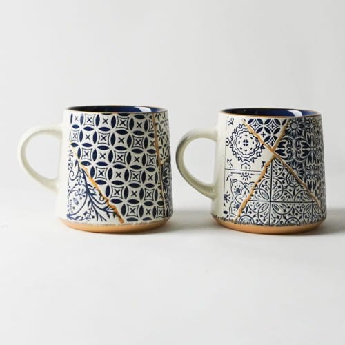 Kubek AMRANI 300 ml ceramiczny wzór śródziemnomorski niebiesko biały