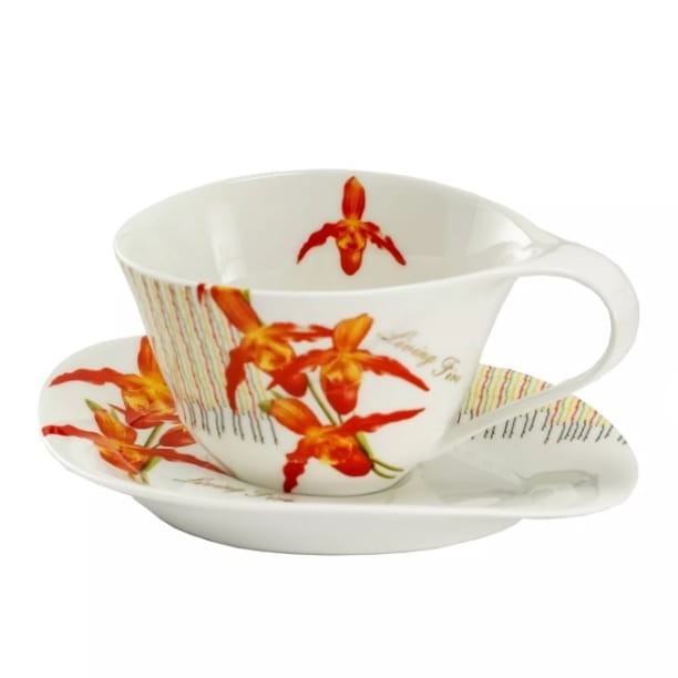 Filiżanka ze spodkiem 200ml pomarańczowe kwiaty
