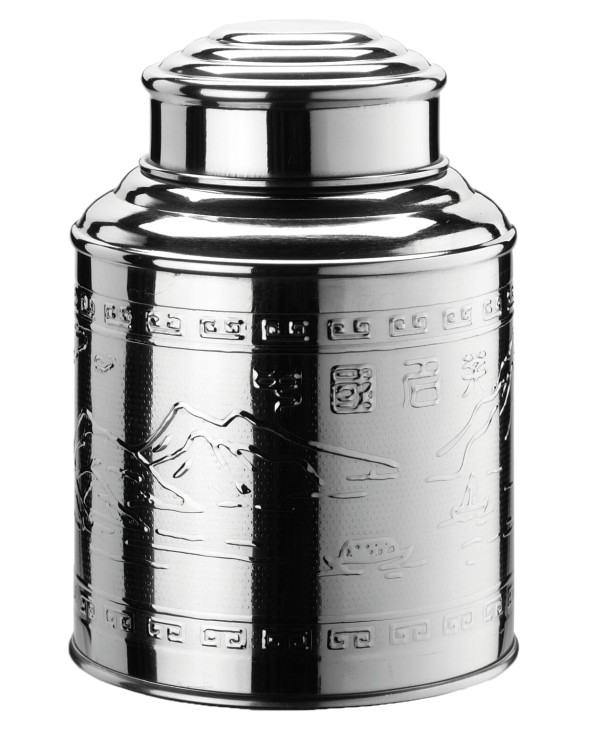Stalowa puszka Tea Caddy 100g z kopułkowym wiekiem, tłoczeniem i orientalnym wzorem, wysokość 105 mm, średnica 80 mm, pojemność 70–100 g.