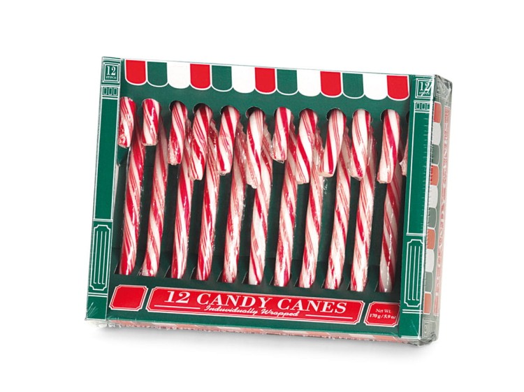 Candy Canes – zestaw 12 lasek cukrowych (170 g) w czerwono-białe paski, osobno pakowane, idealne jako świąteczna dekoracja lub słodki prezent.