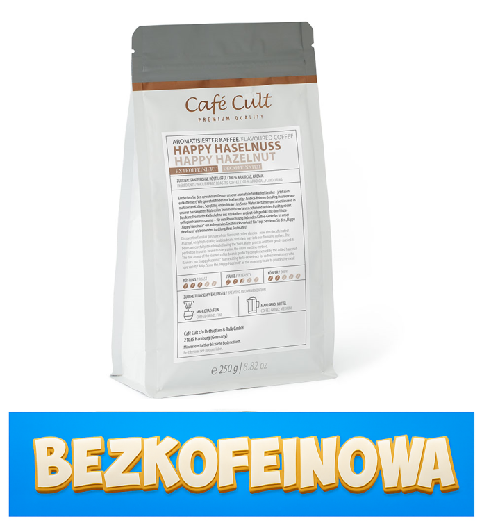 Opakowanie kawy Café Cult Happy Hazelnut – bezkofeinowa kawa ziarnista Arabica o smaku orzecha laskowego, 250 g.