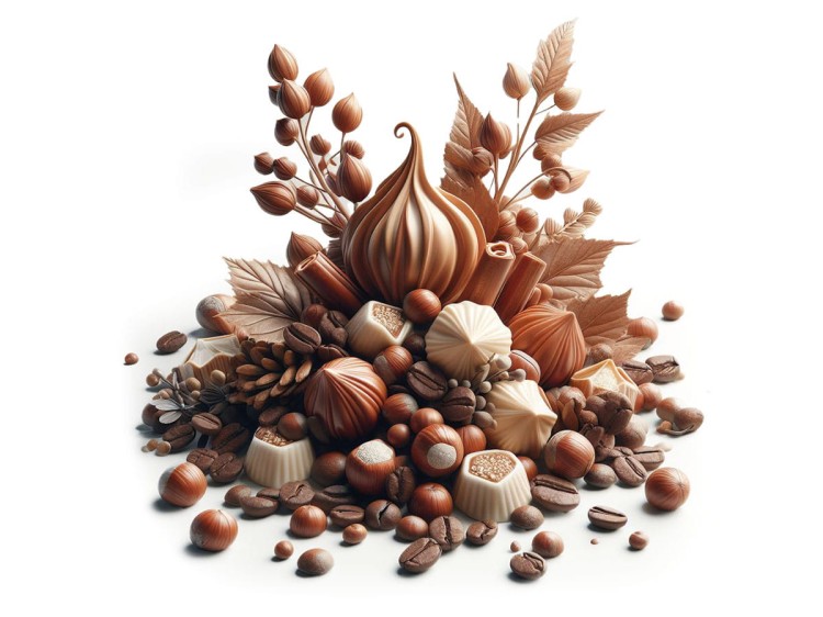 Wizyalizacja smaku kawy Happy Hazelnut - Kompozycja przedstawia praliny, ziarna kawy i orzechy laskowe w ciepłej, brązowo-złotej tonacji. Ułożone obok siebie kremowe i czekoladowe słodycze symbolizują aromat kawy o smaku orzecha laskowego.